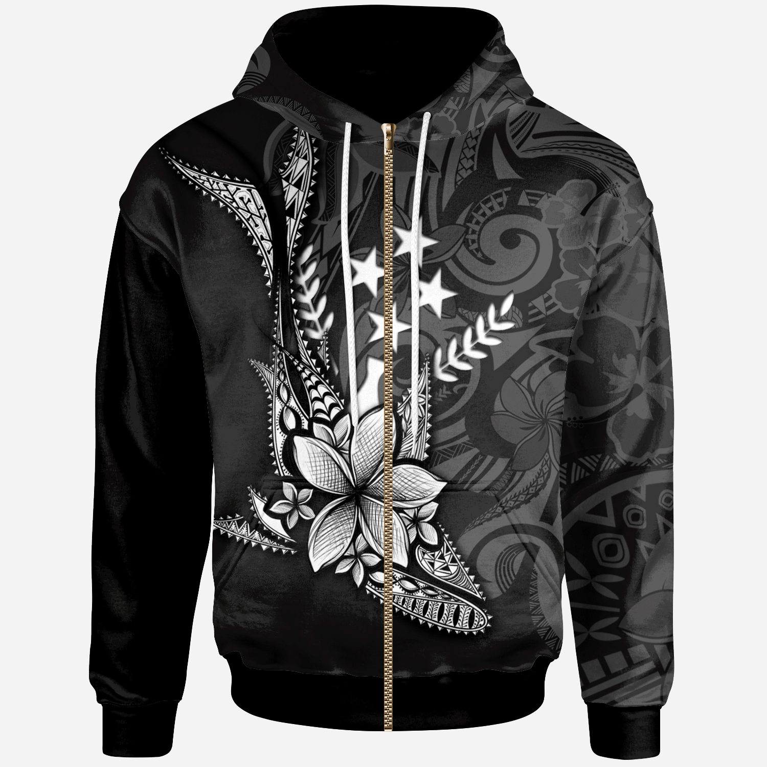 Kosrae State Custom Zip Hoodie Fish With Plumeria Flowers Style Unisex Black - Polynesian Pride