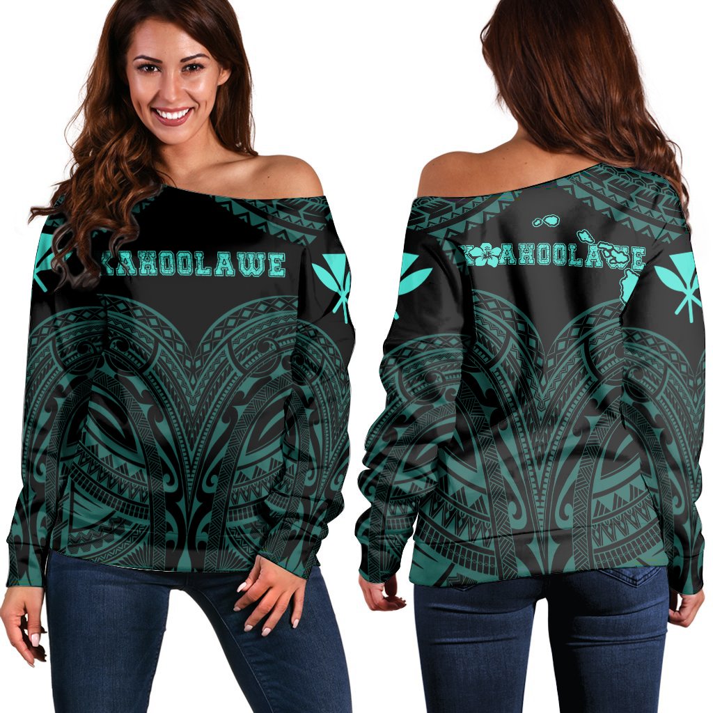 Hawaiian Kanaka Map Kahoolawe Women's Off Shoulder Sweater - Turquoise - Brad Style - AH Turquoise - Polynesian Pride