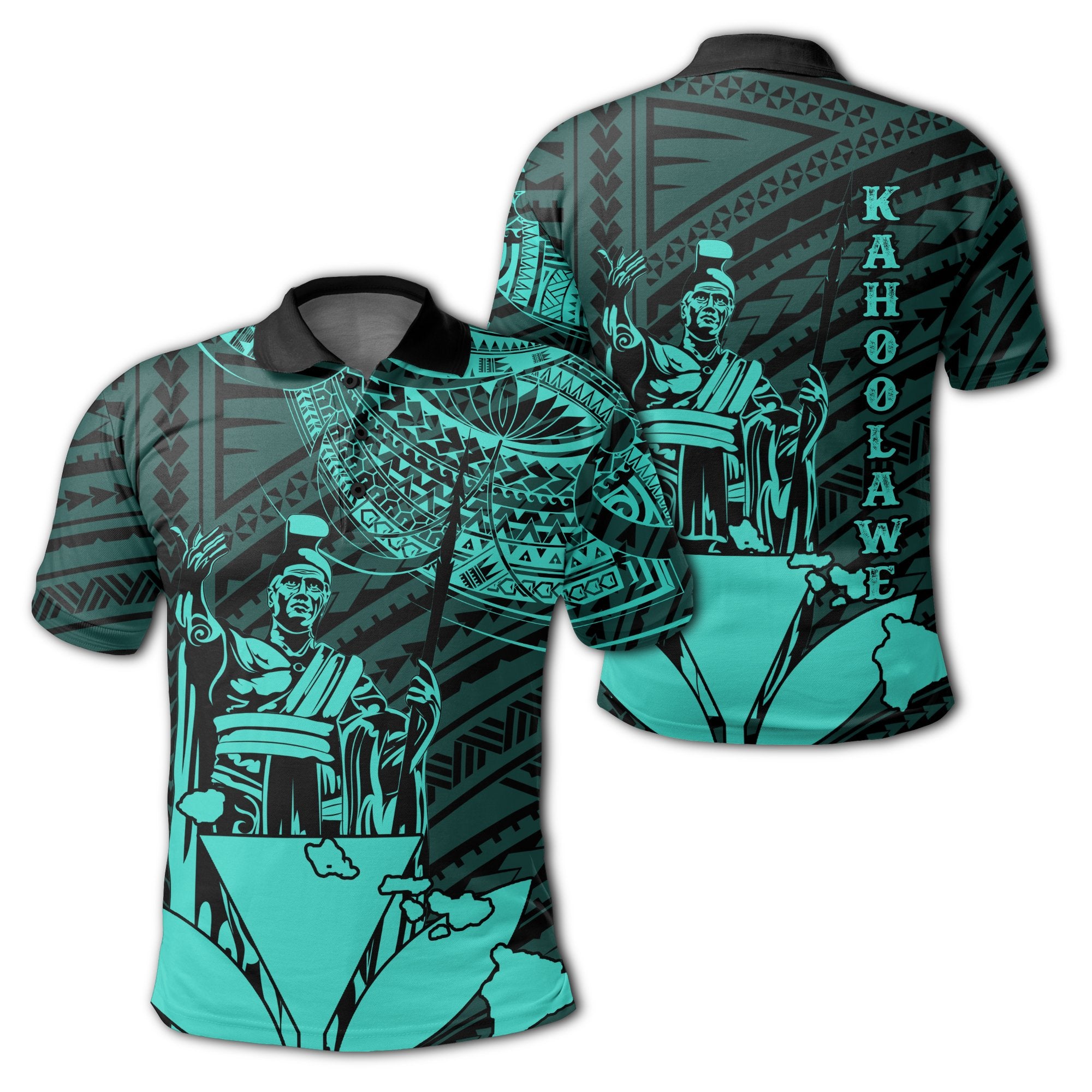 Hawaiian King Kanaka Map Polynesian Kahoolawe Polo Shirt Turquoise Hala Style Unisex Turquoise - Polynesian Pride