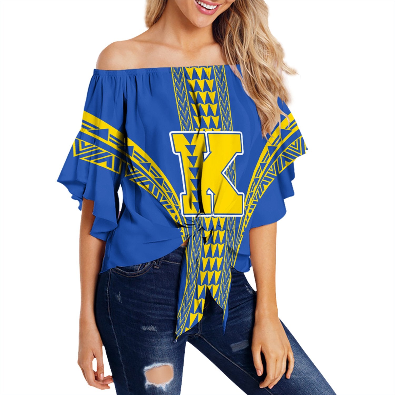 Hawaii - Kaiser High Off Shoulder Waist Wrap Top AH Female Blue - Polynesian Pride