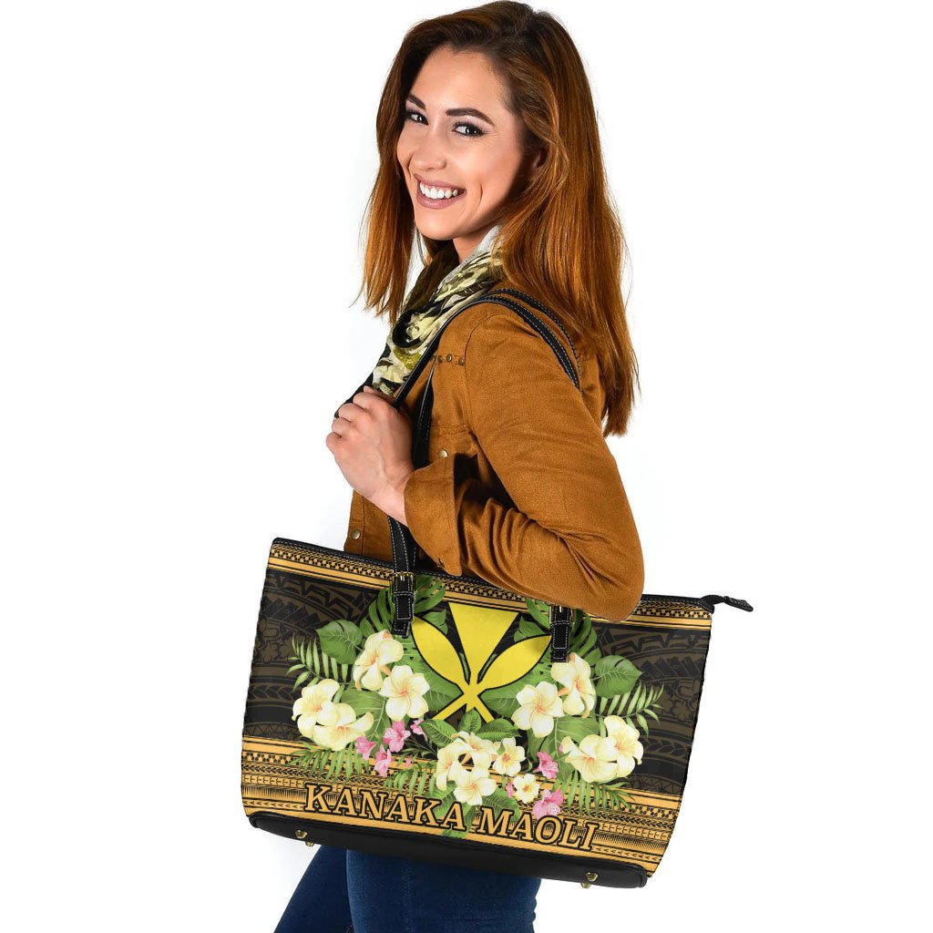 Hawaii Kanaka Maoli Leather Tote - Polynesian Gold Patterns Collection Black - Polynesian Pride