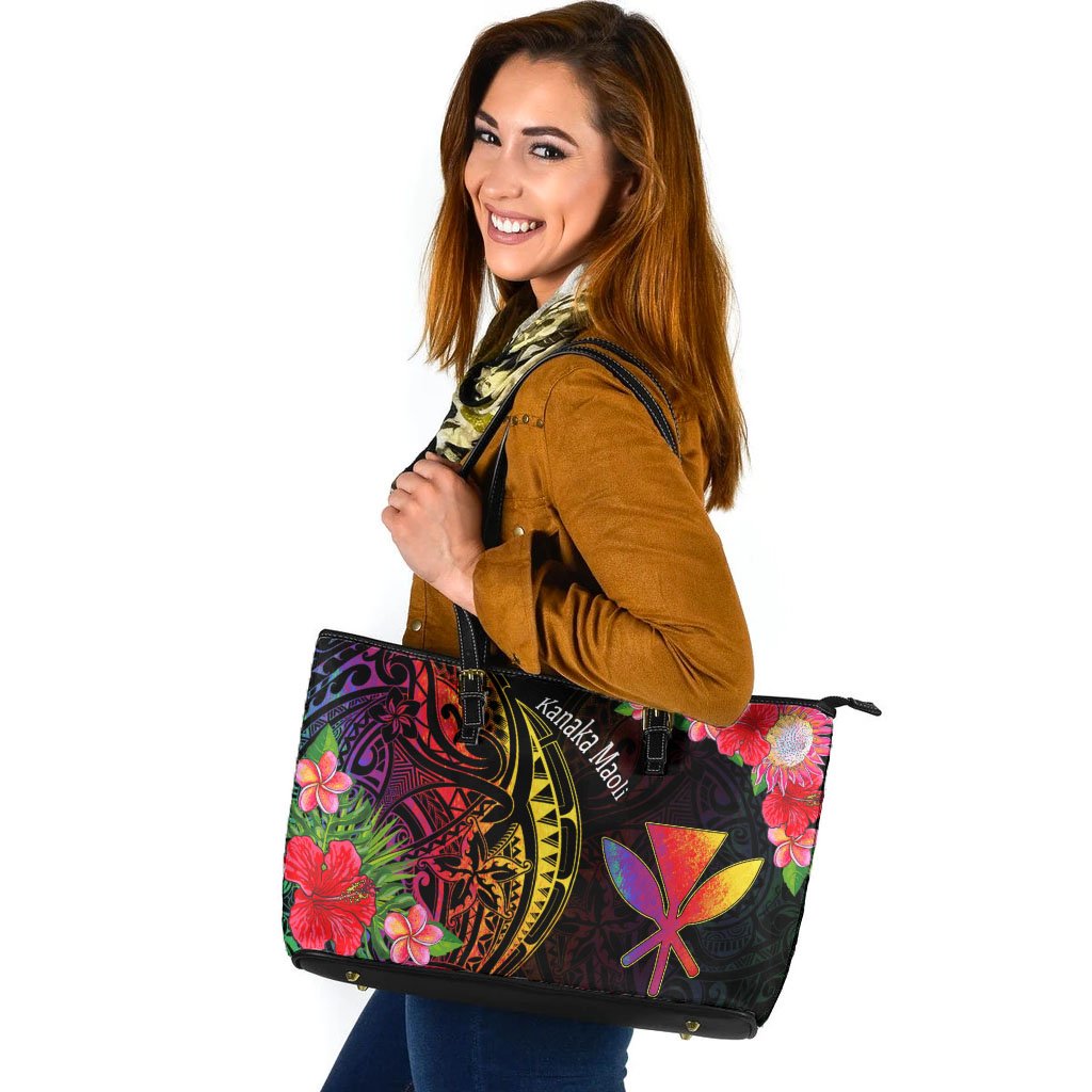 Hawaii Kanaka Maoli Leather Tote - Tropical Hippie Style Black - Polynesian Pride