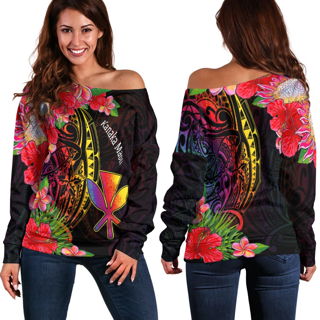 Hawaii Kanaka Maoli Women's Off Shoulder Sweater - Tropical Hippie Style Black - Polynesian Pride