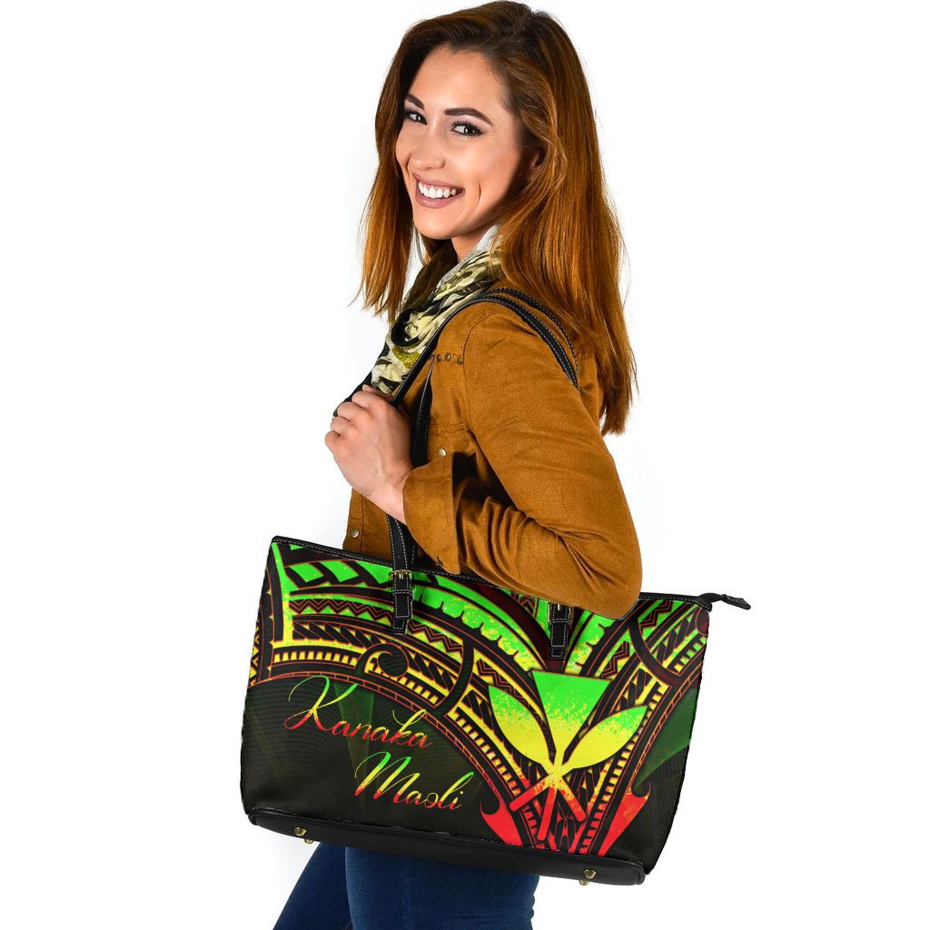 Hawaii Kanaka Maoli Leather Tote - Reggae Color Cross Style Black - Polynesian Pride