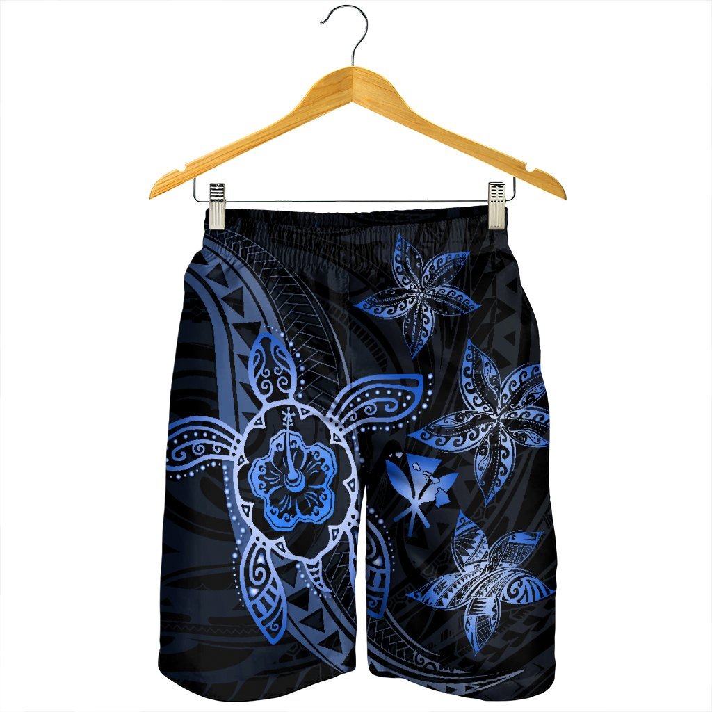 Kanaka Map Hibiscus Plumeria Turtle Art Blue Polynesian Men's Shorts - AH - Polynesian Pride