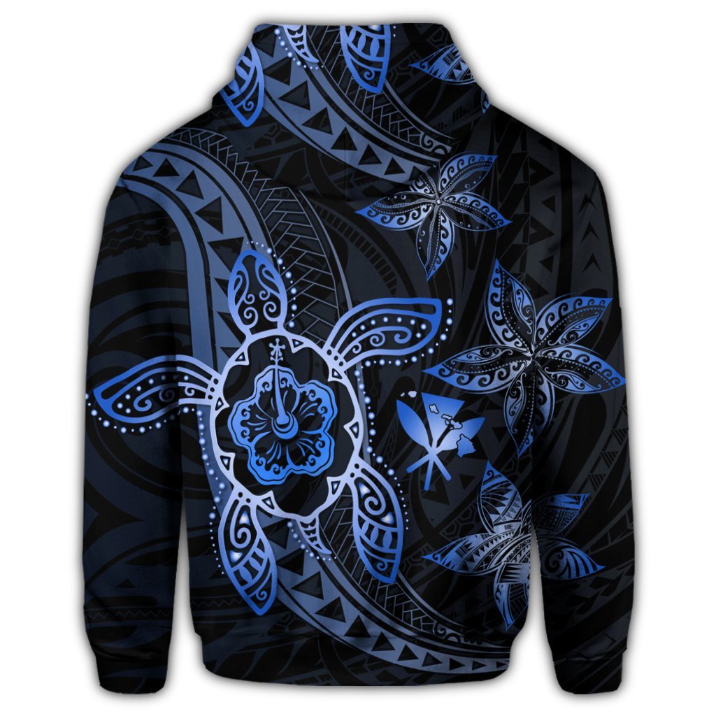 Kanaka Map Hibiscus Plumeria Turtle Art Blue Polynesian Zip Hoodie - Polynesian Pride