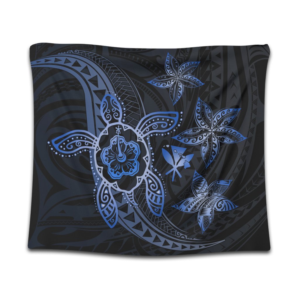 Kanaka Map Hibiscus Plumeria Turtle Art Blue Polynesian Tapestry - AH Wall Tapestry Black - Polynesian Pride