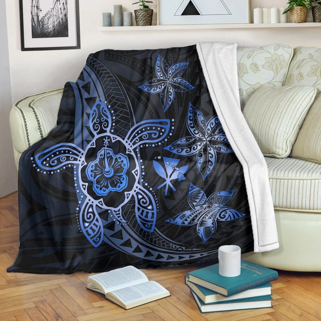 Kanaka Map Hibiscus Plumeria Turtle Art Polynesian Premium Blankets Blue - AH White - Polynesian Pride