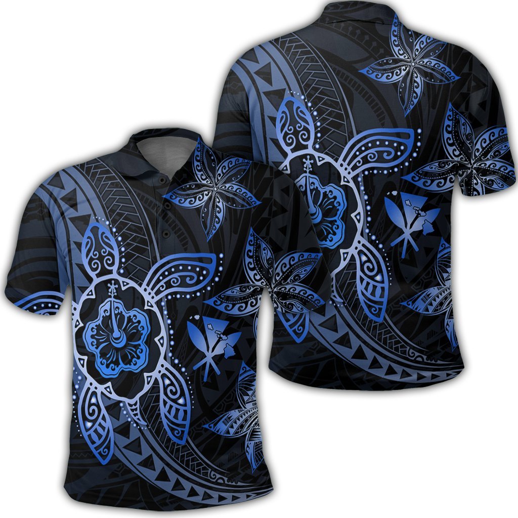 Kanaka Map Hibiscus Plumeria Turtle Art Blue Polynesian Polo Shirt Unisex Black - Polynesian Pride