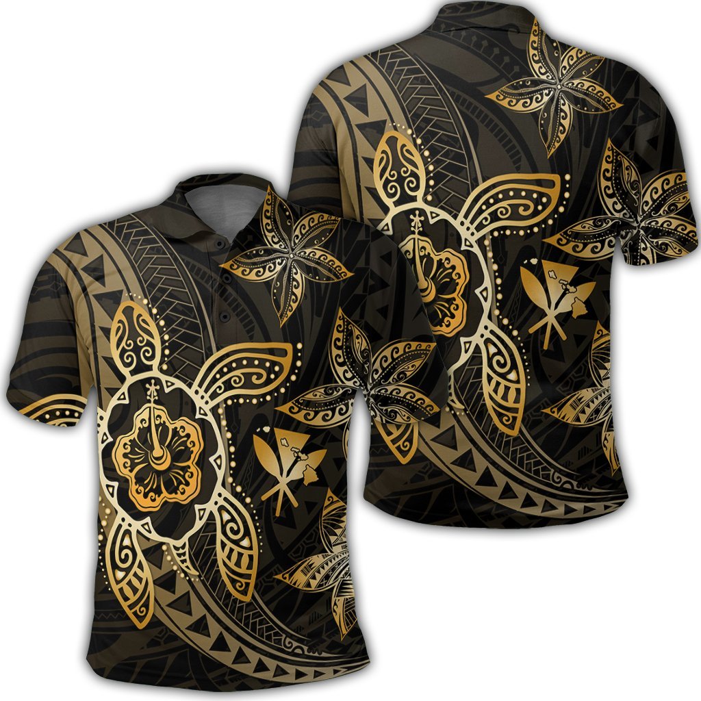 Kanaka Map Hibiscus Plumeria Turtle Art Gold Polynesian Polo Shirt Unisex Black - Polynesian Pride