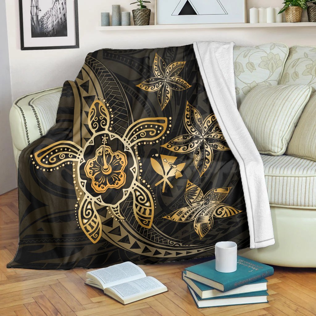 Kanaka Map Hibiscus Plumeria Turtle Art Polynesian Premium Blankets Gold - AH White - Polynesian Pride