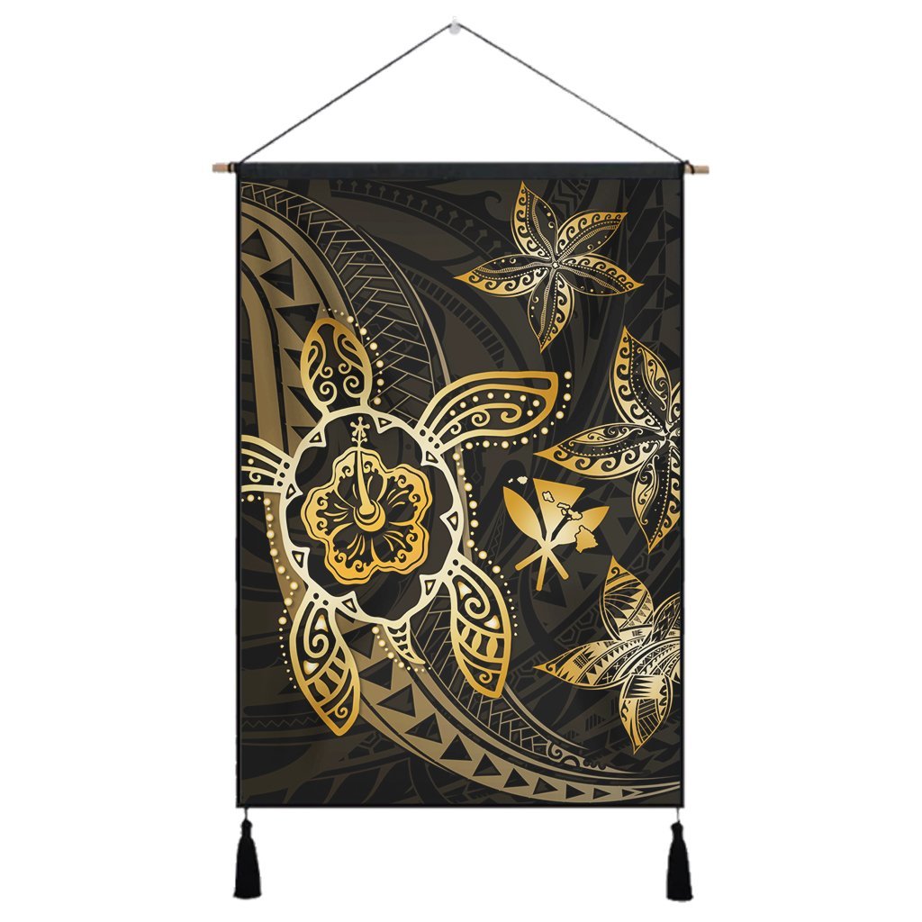Kanaka Map Hibiscus Plumeria Turtle Art Gold Polynesian Hanging Poster - AH Hanging Poster Cotton And Linen - Polynesian Pride