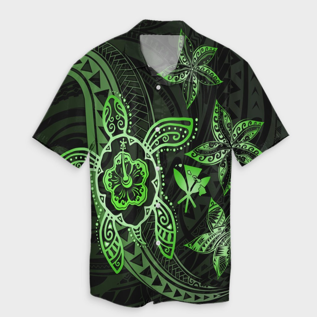 Kanaka Map Hibiscus Plumeria Turtle Art Green Polynesian Hawaiian Shirt - AH Unisex Black - Polynesian Pride