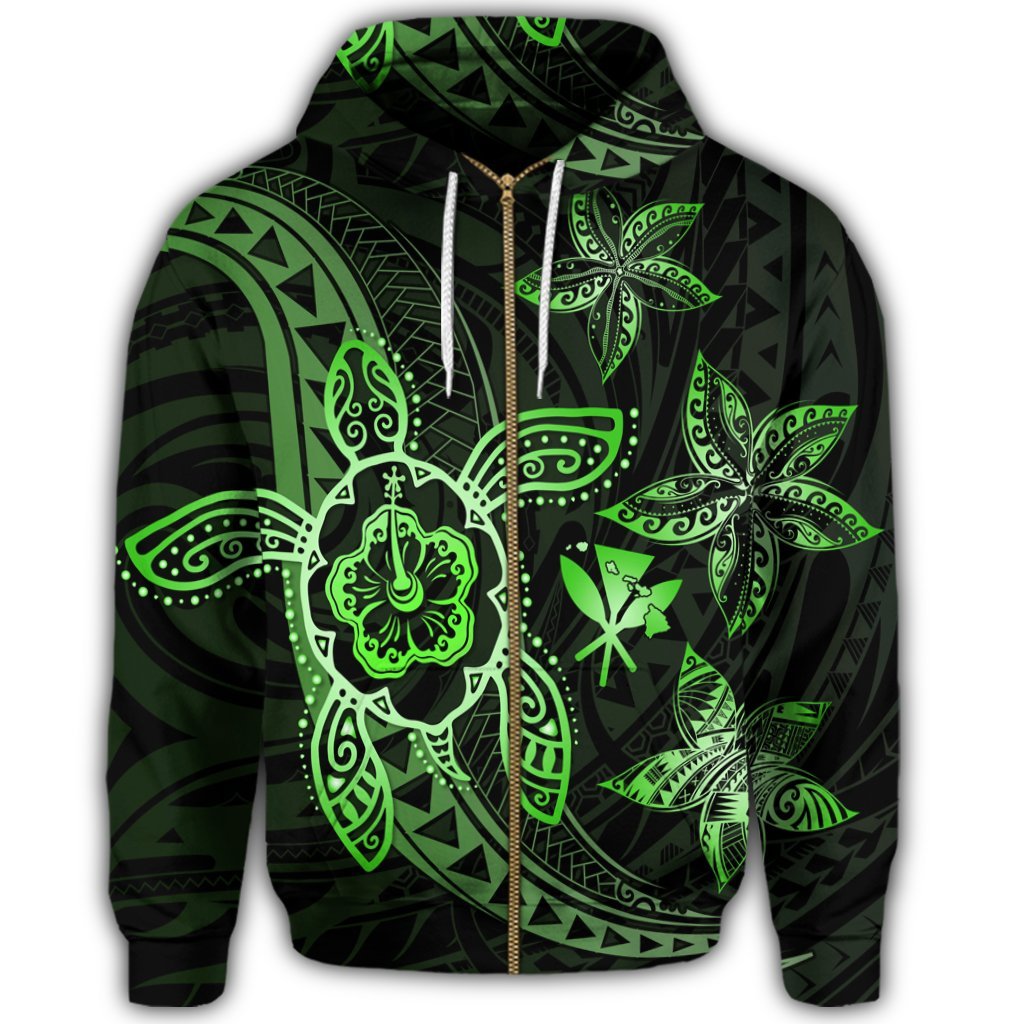 Kanaka Map Hibiscus Plumeria Turtle Art Green Polynesian Zip Hoodie - Polynesian Pride