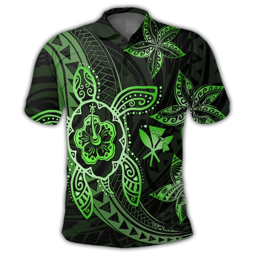 Kanaka Map Hibiscus Plumeria Turtle Art Green Polynesian Polo Shirt - Polynesian Pride
