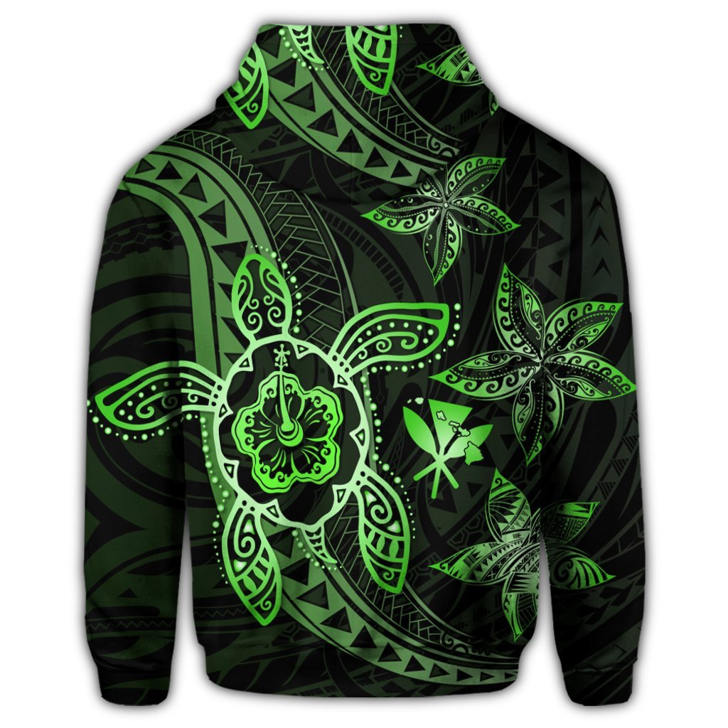 Kanaka Map Hibiscus Plumeria Turtle Art Green Polynesian Hoodie - Polynesian Pride