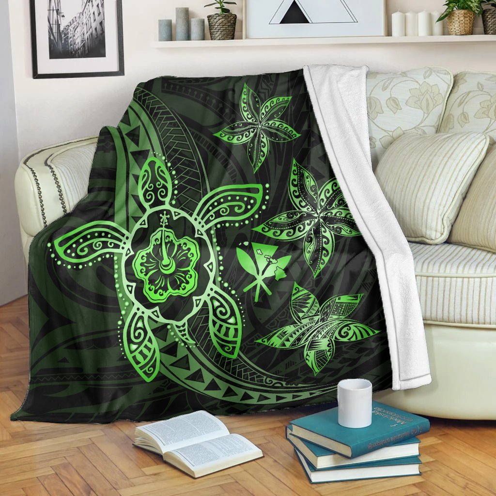 Kanaka Map Hibiscus Plumeria Turtle Art Polynesian Premium Blankets Green - AH White - Polynesian Pride