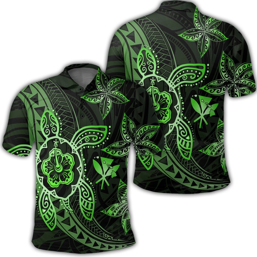 Kanaka Map Hibiscus Plumeria Turtle Art Green Polynesian Polo Shirt Unisex Black - Polynesian Pride