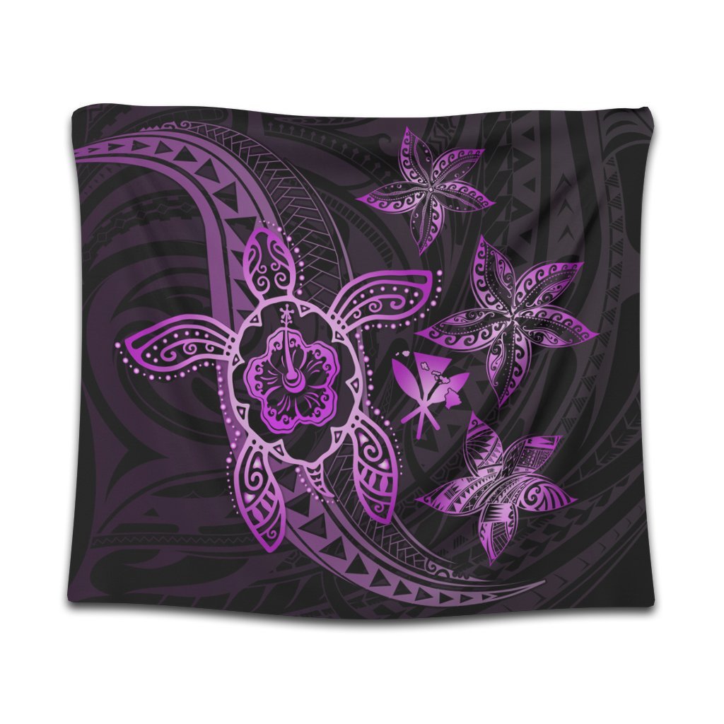 Kanaka Map Hibiscus Plumeria Turtle Art Pink Polynesian Tapestry - AH Wall Tapestry Black - Polynesian Pride