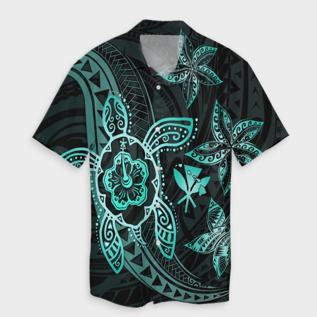 Kanaka Map Hibiscus Plumeria Turtle Art Turquoise Polynesian Hawaiian Shirt - AH Unisex Black - Polynesian Pride