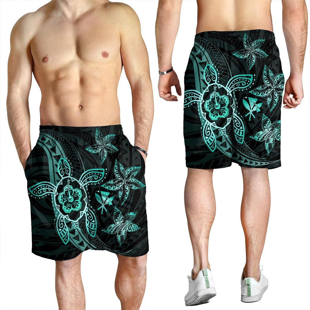 Kanaka Map Hibiscus Plumeria Turtle Art Turquoise Polynesian Men's Shorts - AH - Polynesian Pride