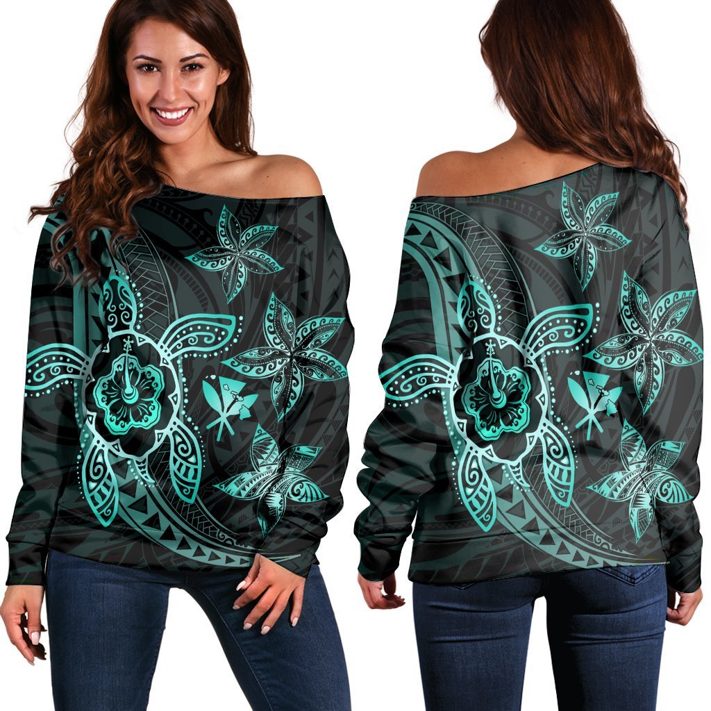 Kanaka Map Hibiscus Plumeria Turtle Art Turquoise Polynesian Women's Off Shoulder Sweater - AH Black - Polynesian Pride