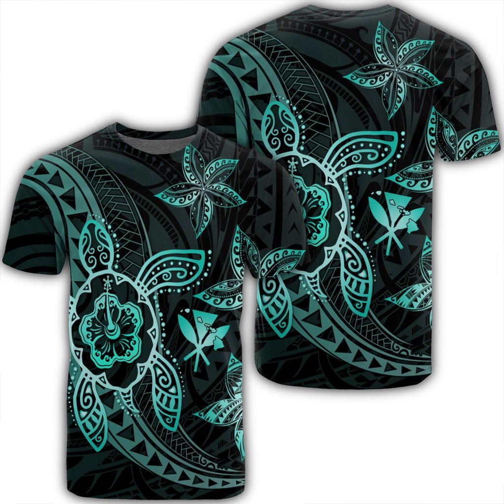 Kanaka Map Hibiscus Plumeria Turtle Art Turquoise Polynesian T Shirt AH Unisex Black - Polynesian Pride