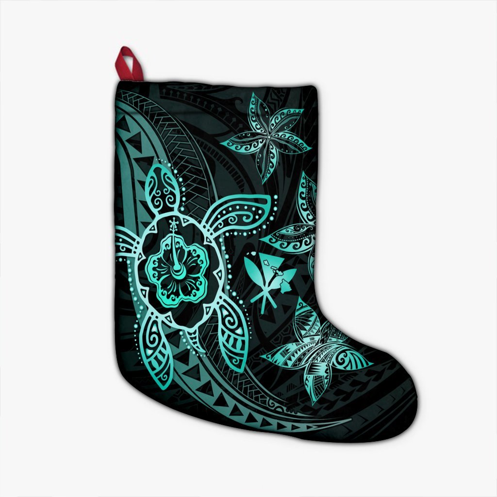 Kanaka Map Hibiscus Plumeria Turtle Art Turquoise Polynesian Christmas Stocking - AH Christmas Stocking 26 X 42 cm Black - Polynesian Pride