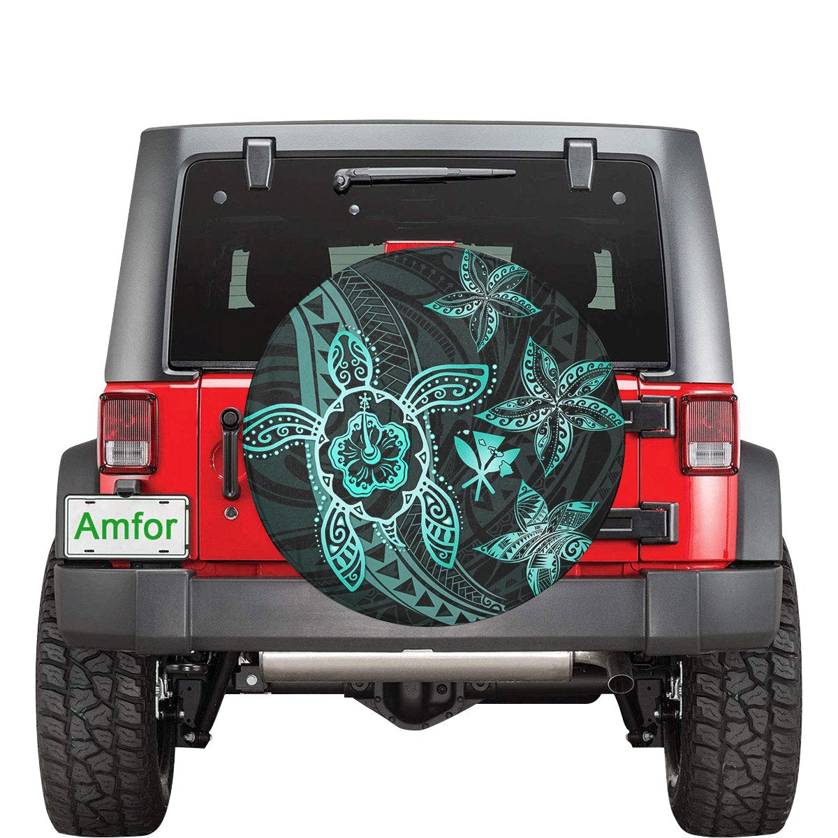 Kanaka Map Hibiscus Plumeria Turtle Art Turquoise Polynesian Spare Tire Cover AH Turquoise - Polynesian Pride