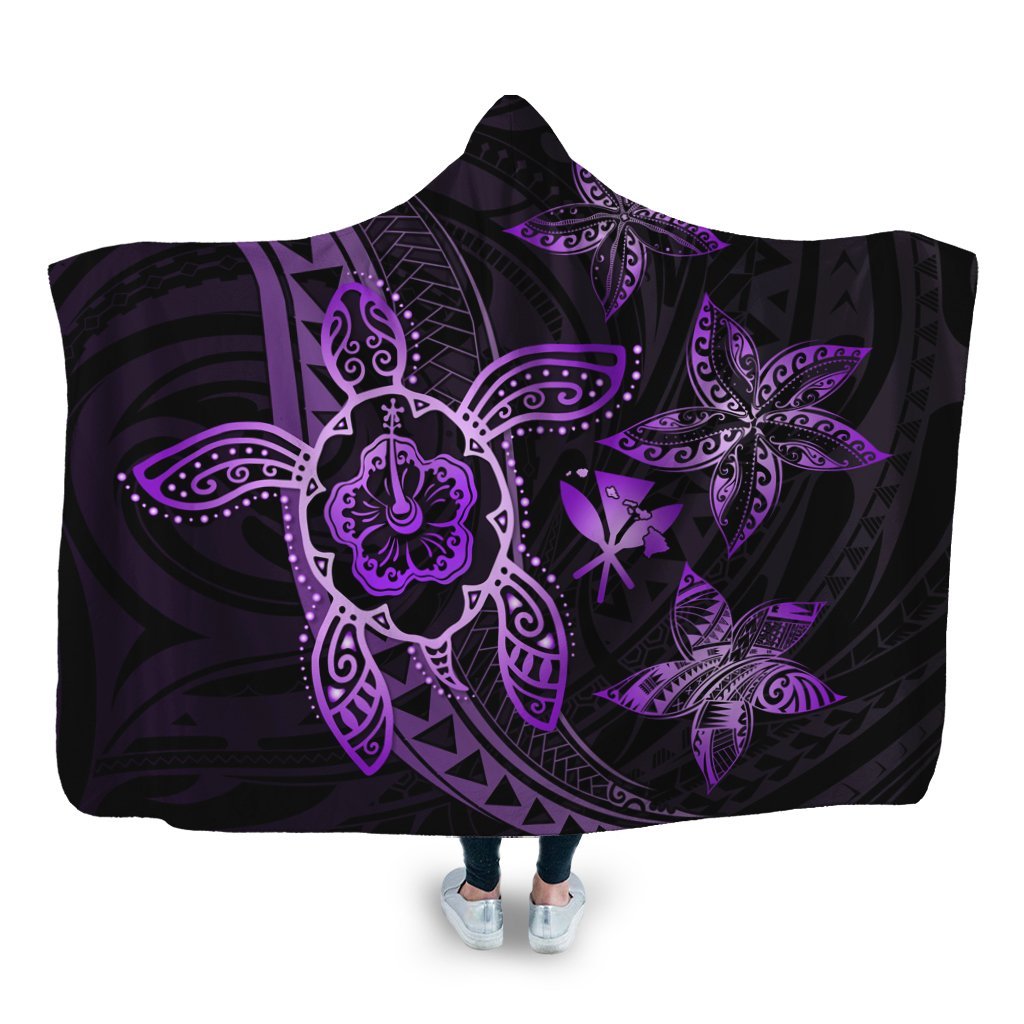 Kanaka Map Hibiscus Plumeria Turtle Art Violet Polynesian Hooded Blanket - AH Hooded Blanket White - Polynesian Pride