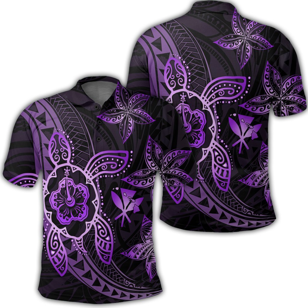 Kanaka Map Hibiscus Plumeria Turtle Art Violet Polynesian Polo Shirt Unisex Black - Polynesian Pride