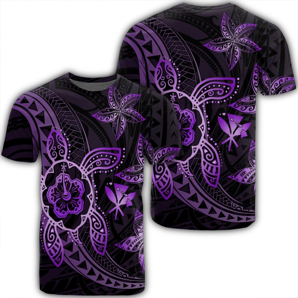 Kanaka Map Hibiscus Plumeria Turtle Art Violet Polynesian T Shirt AH Unisex Black - Polynesian Pride