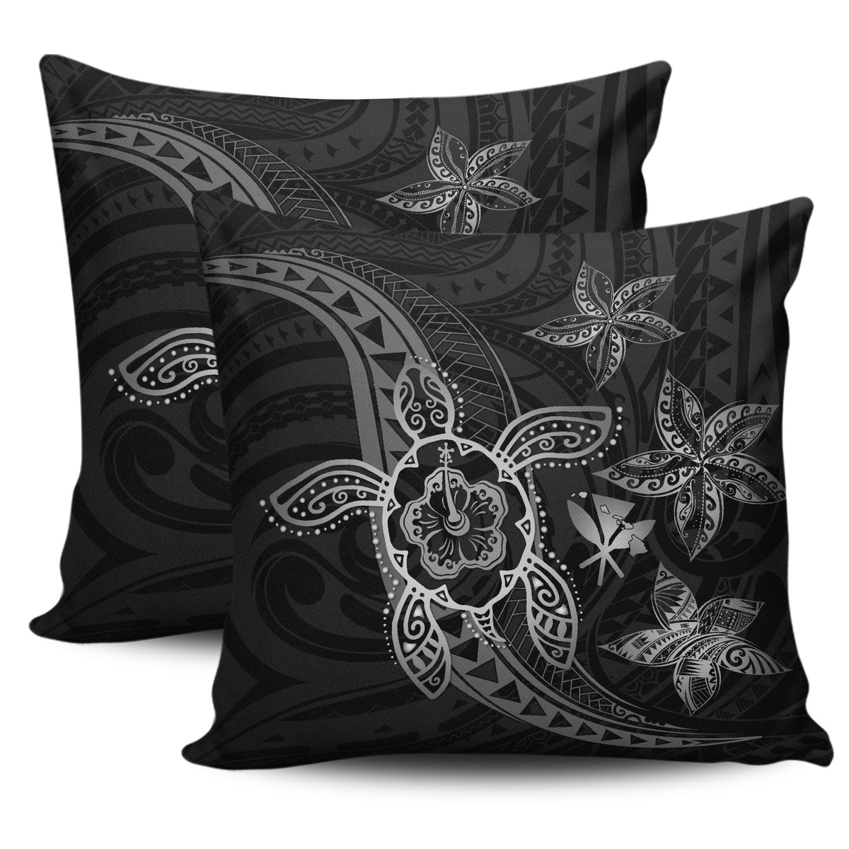 Kanaka Map Hibiscus Plumeria Turtle Art Gray Polynesian Pillow Covers One Size Zippered Pillow Cases 18"x 18" (Twin Sides) (Set of 2) Gray - Polynesian Pride
