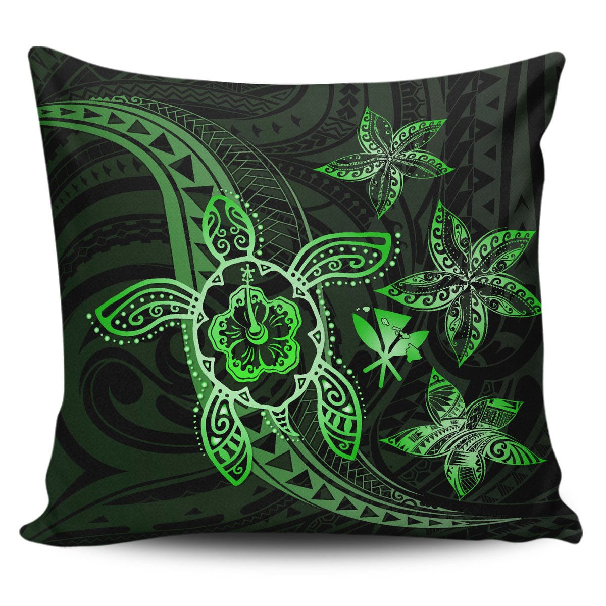 Kanaka Map Hibiscus Plumeria Turtle Art Green Polynesian Pillow Covers One Size Zippered Pillow Case 18"x18"(Twin Sides) Green - Polynesian Pride