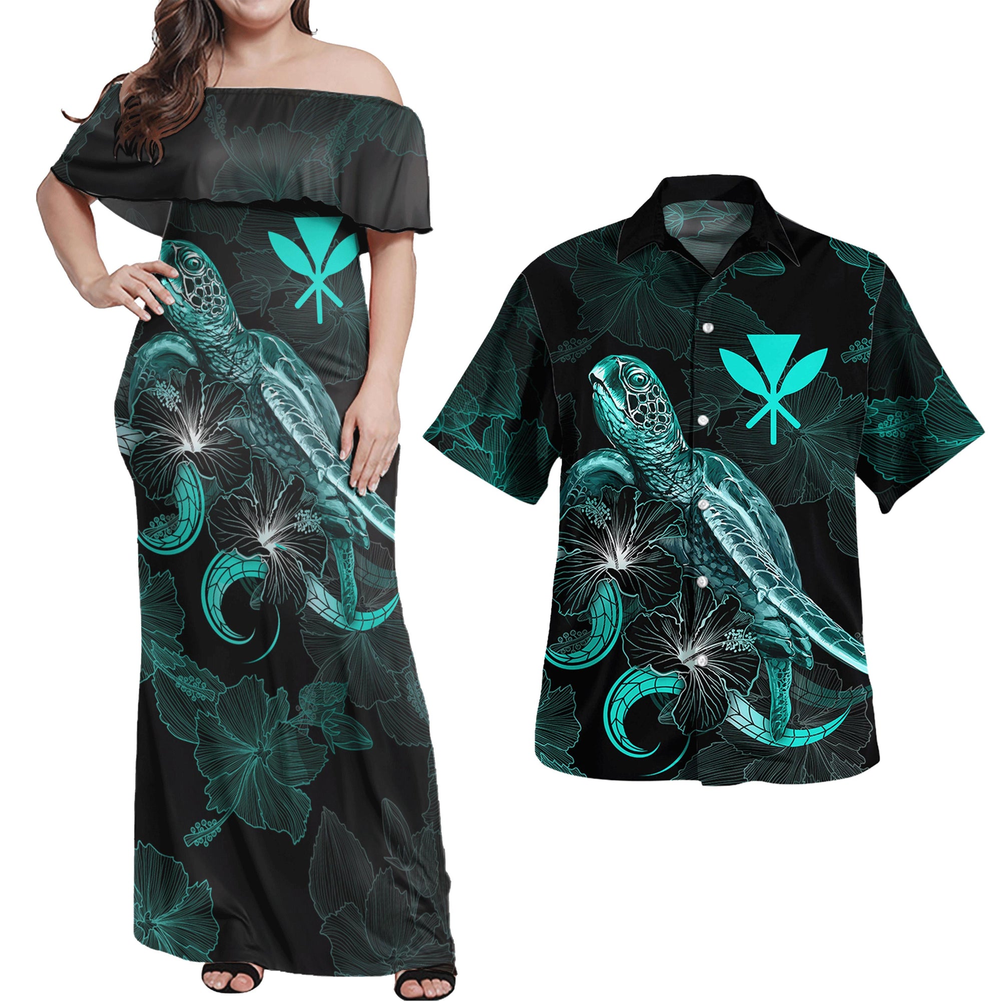 Native Hawaiians Matching Dress and Hawaiian Shirt Knaka Maoli with Polynesian Turtle and Blooming Hibiscus Turquoise Turquoise - Polynesian Pride