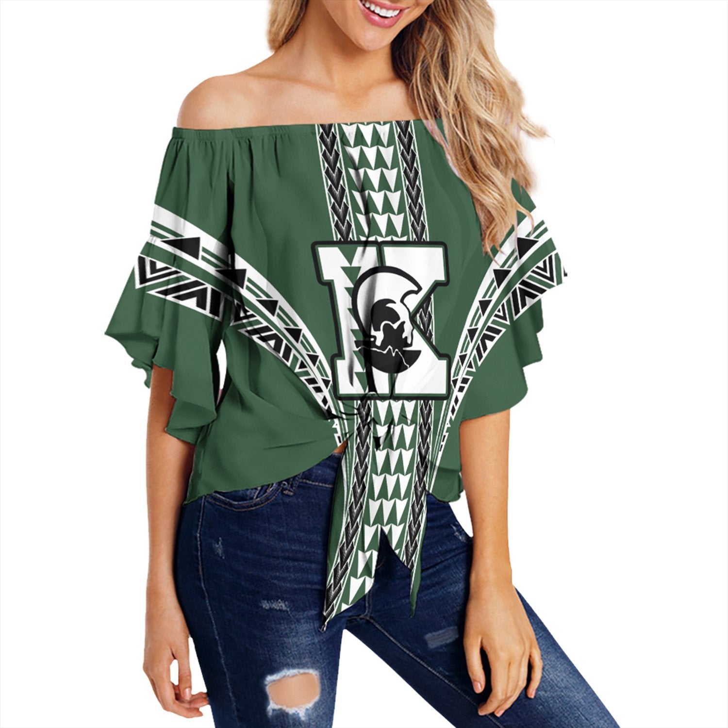 Hawaii - Kapaa High Off Shoulder Waist Wrap Top AH Female Green - Polynesian Pride