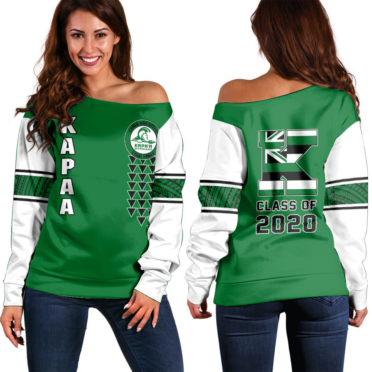 (Personalised) Hawaii - Kapaa High Custom Your Class Women's Off Shoulder Sweatshirt AH Green - Polynesian Pride