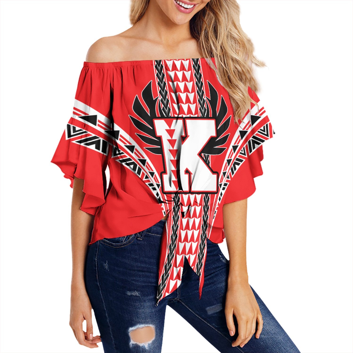 Hawaii - Kauai High Off Shoulder Waist Wrap Top AH Female Red - Polynesian Pride