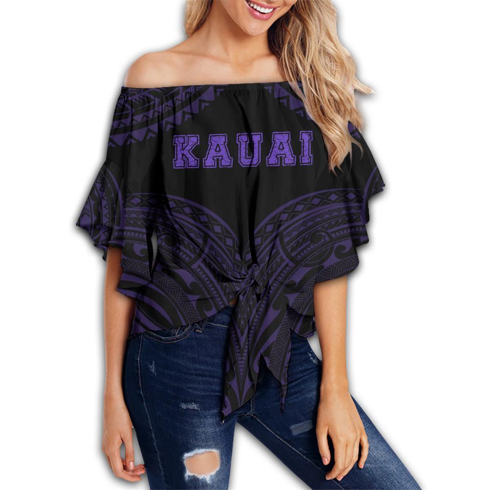 Hawaiian Kanaka Map Polynesian Kauai Women's Off Shoulder Wrap Waist Top - Purple - Brad Style - AH Female Purple - Polynesian Pride