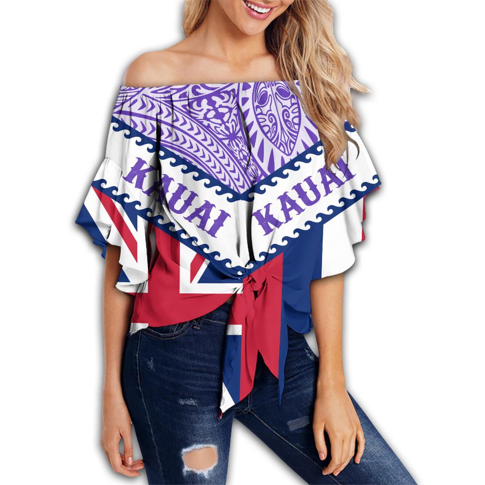 Hawaii Flag Kauai Women's Off Shoulder Wrap Waist Top - Purple - Mit Style - AH Female Purple - Polynesian Pride