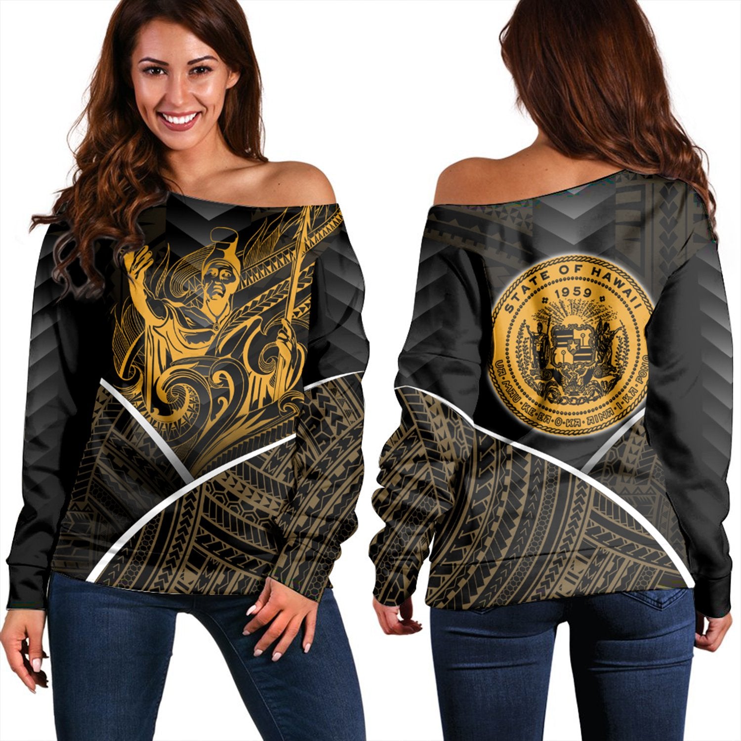 Hawaiian - King Coat Of Arms Polynesian Women's Off Shoulder Sweater - Mana Style - AH Black - Polynesian Pride