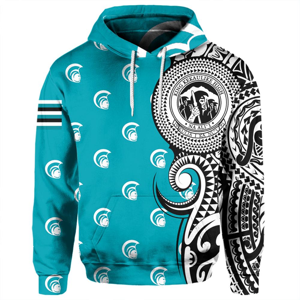 Custom Hawaii Hoodie King Kekaulike High Tribal Kakau Pullover Hoodie Unisex Turquoise - Polynesian Pride