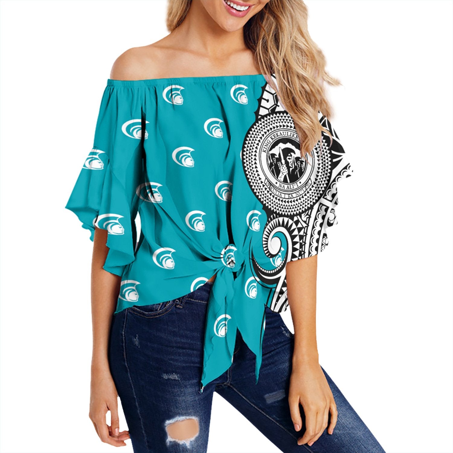 (Personalised) Hawaii - King Kekaulike High Tribal Kakau Off Shoulder Waist Wrap Top AH Female Turquoise - Polynesian Pride