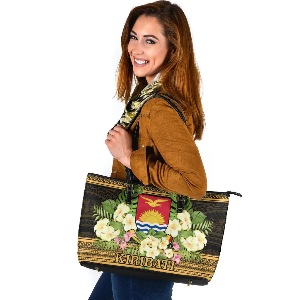 Kiribati Leather Tote - Polynesian Gold Patterns Collection Black - Polynesian Pride