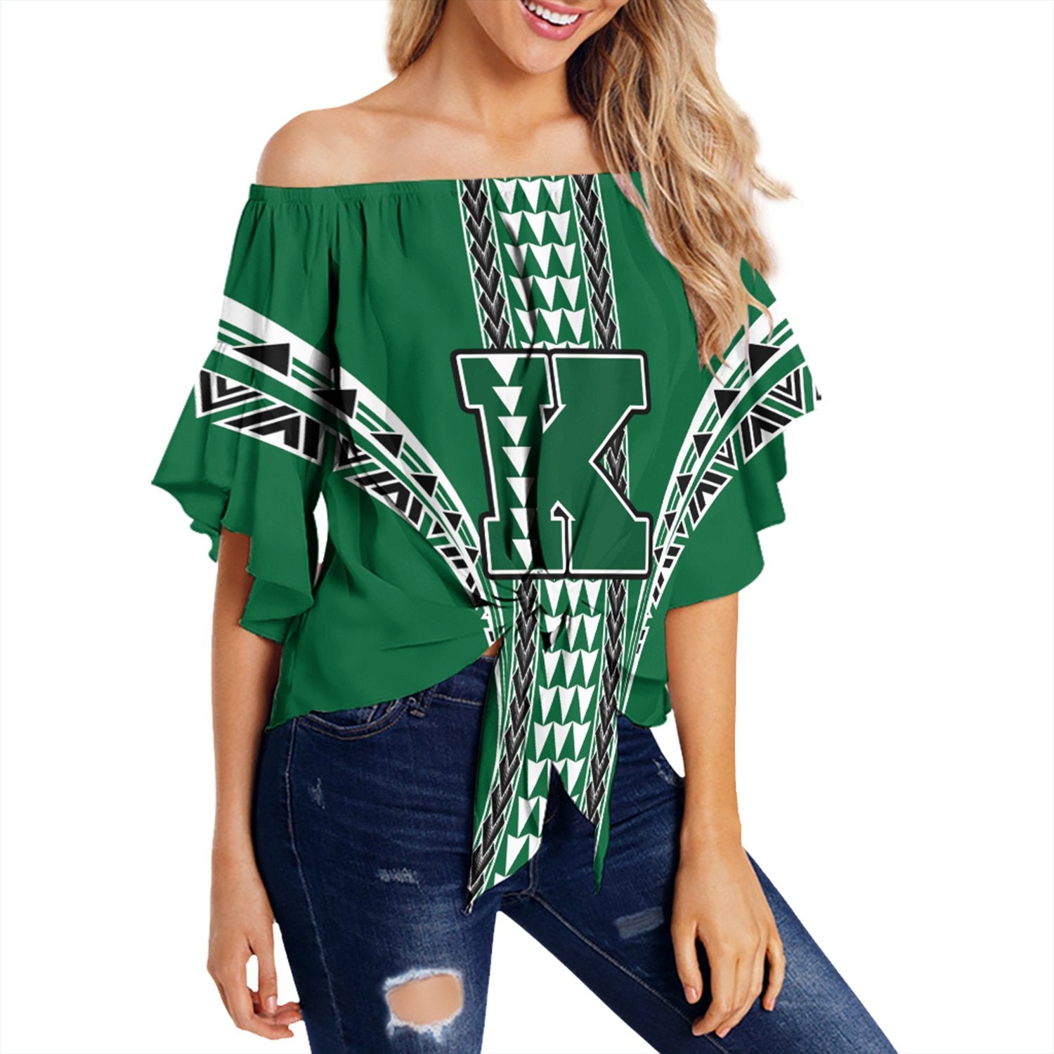 Hawaii - Konawaena High Off Shoulder Waist Wrap Top AH Female Green - Polynesian Pride