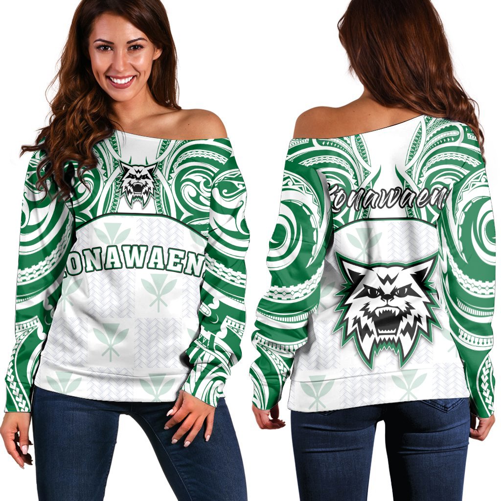 Hawaii - Kanaka Konawaena High School Off Shoulder Sweater Demodern Style AH White - Polynesian Pride