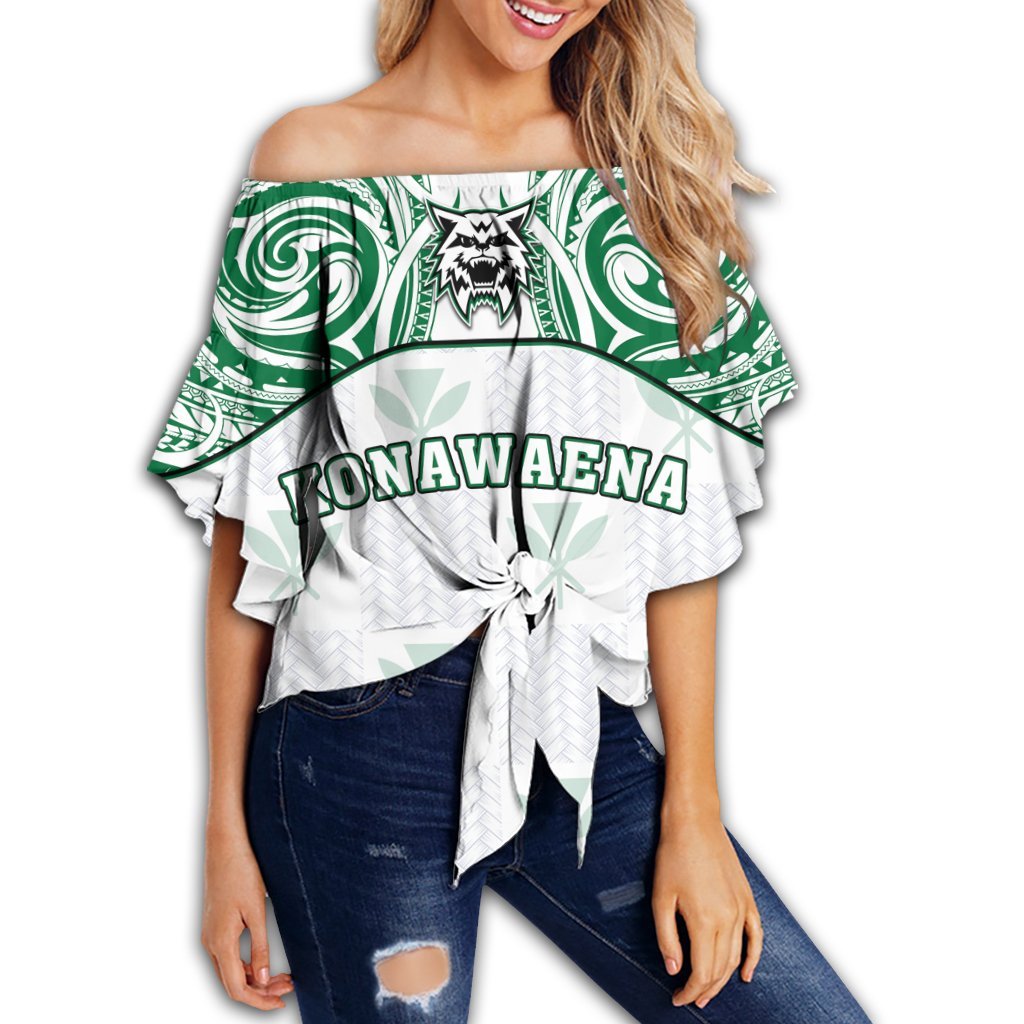 Hawaii - Kanaka Konawaena High School Off Shoulder Waist Wrap Top Demodern Style AH Female White - Polynesian Pride