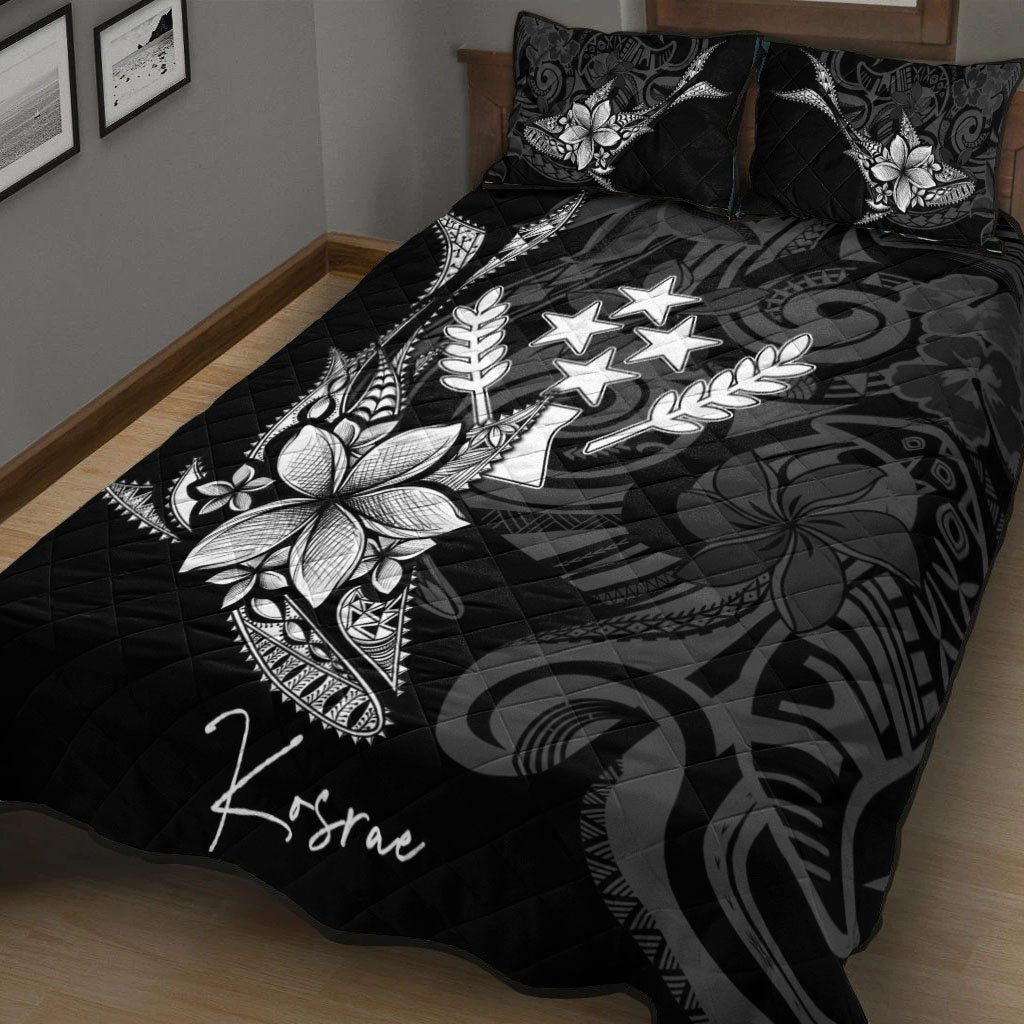 Kosrae State Quilt Bed Set - Fish With Plumeria Flowers Style Black - Polynesian Pride