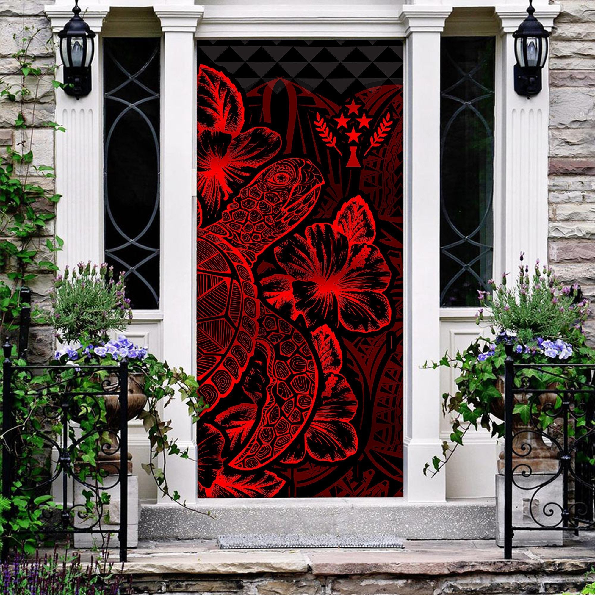 Kosrae Door Cover Turtle Hibiscus Red - Polynesian Pride