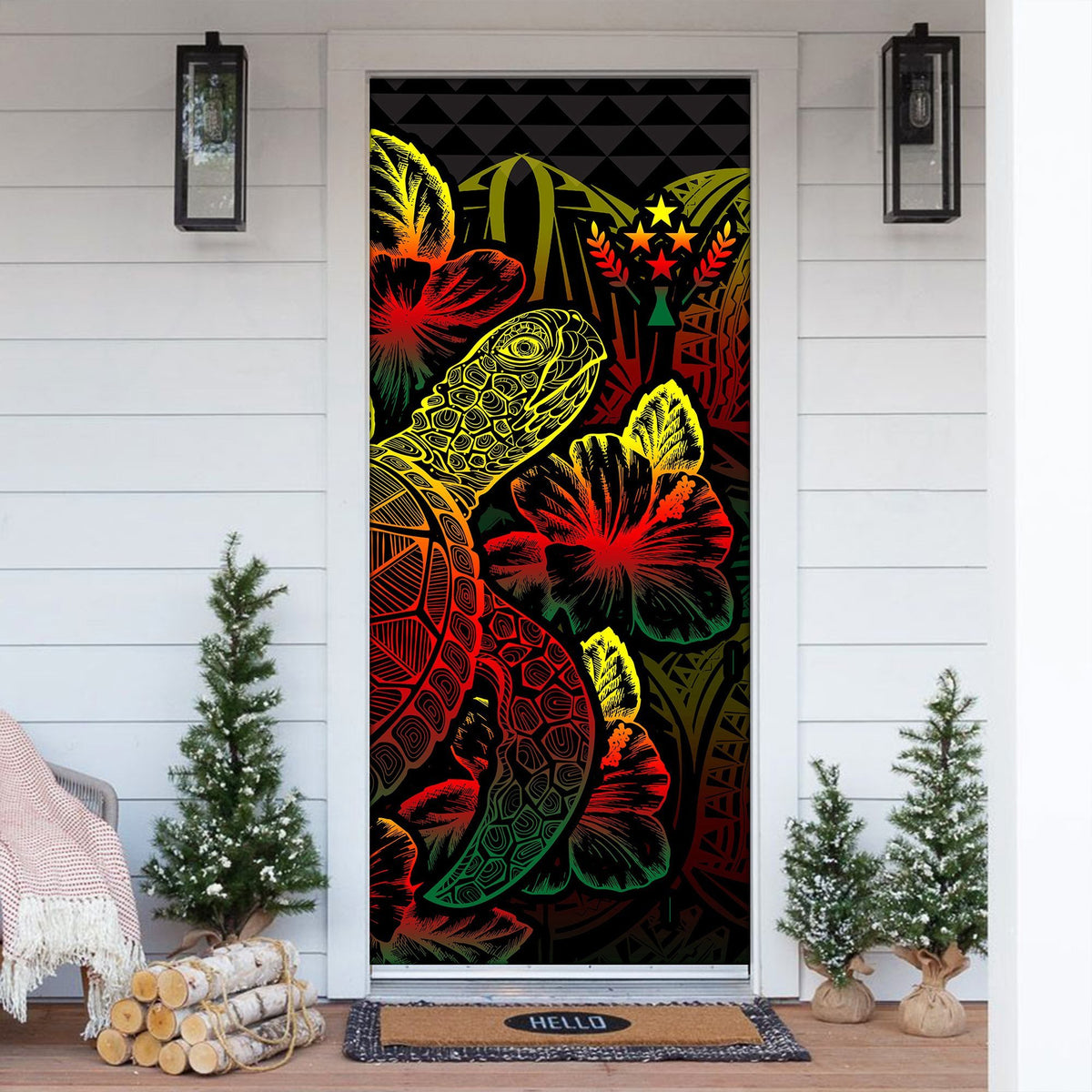 Kosrae Door Cover Turtle Hibiscus Reggae - Polynesian Pride